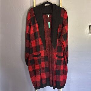 Maurices Red Buffalo Plaid Open Front Cardigan Sweater